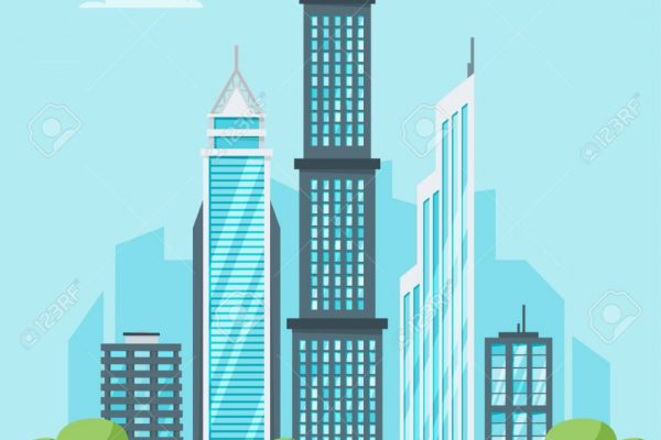 Vector  cartoon style illustration of city landscape. Urban skyline. Modern skyscrapers and city transport.
